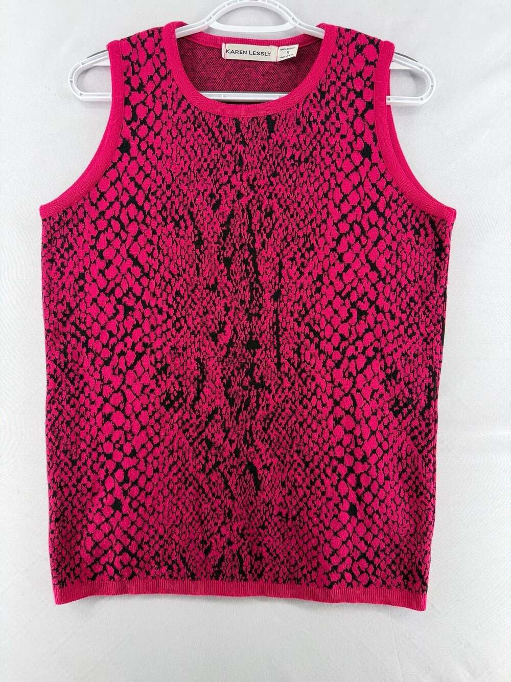 1339 S Karen Lessly Vintage Pink and Black Snake Print Acrylic Knit Tank Top